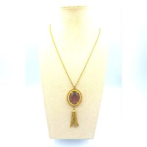 VICTORIAN REVIVAL AMETHYST GLASS FAUX PEARL GOLD TONE TASSEL PENDANT NECKLACE